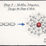 Diagram showing Stage 3 of the AI Integration Maturity Model where a linear workflow transforms into an integrated AI-centred system structure.