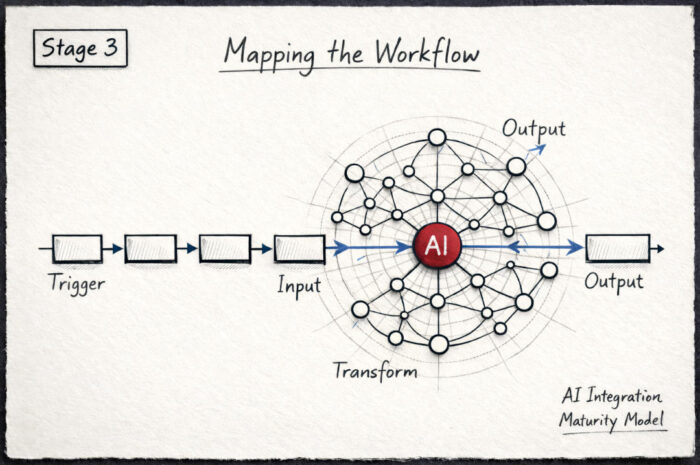 Workflow mapping diagram showing how work moves from trigger to outcome in an AI-integrated system.